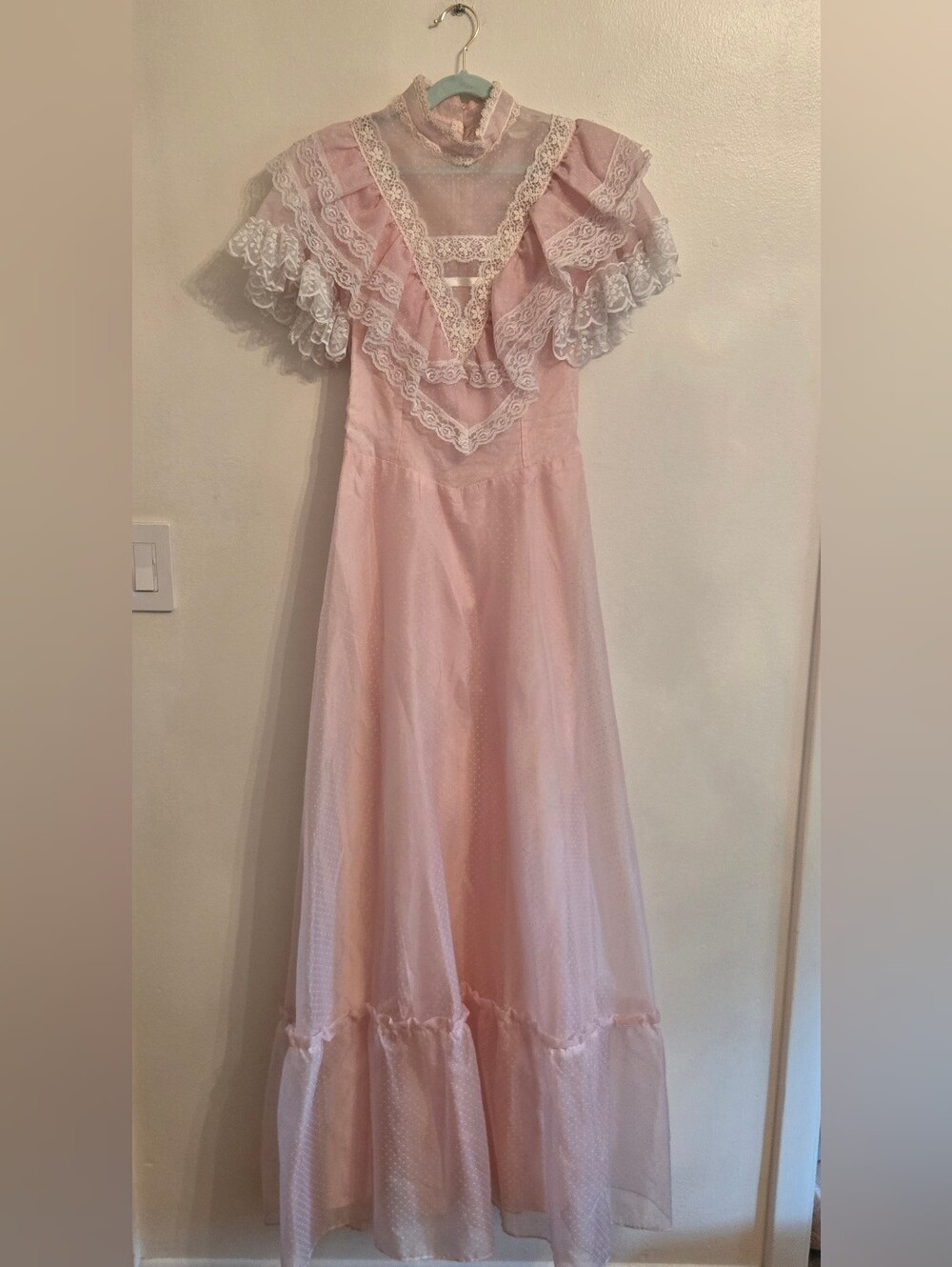 Vintage 70s Pink Victorian Maxi Dress Sheer Swiss Dot Lace Accents Size 7/8